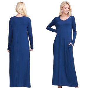 Maxi dress long sleeve v neck pockets navy blue S